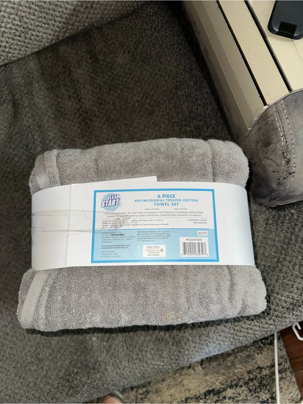 NEW Clean Start 6 Piece Antibacterial Treated Cotton Towel Set- Gray